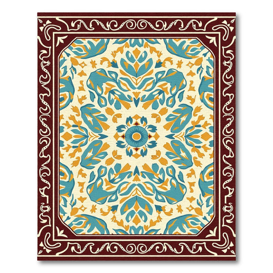 Ethereal Teal Ochre Blossom Symmetry Rug