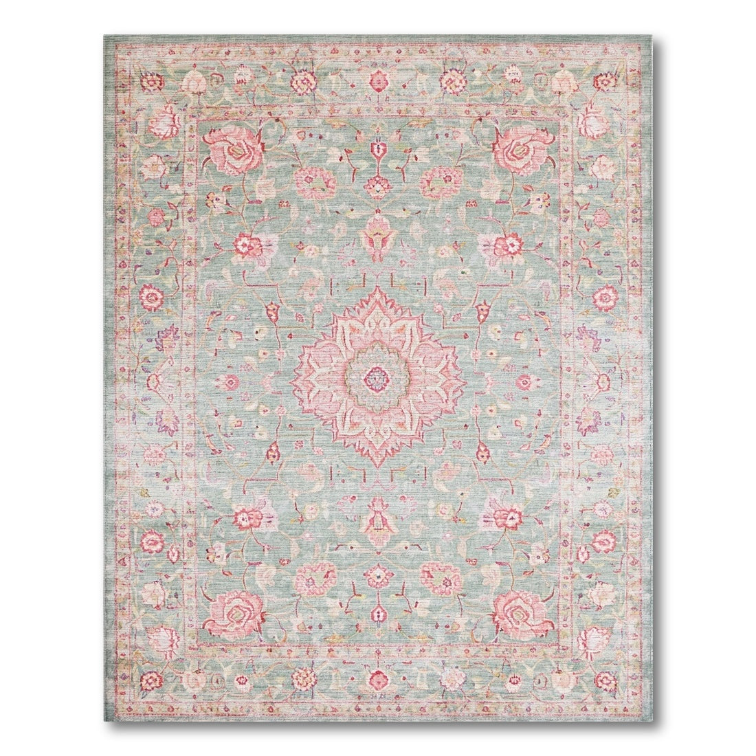 Floral Vintage Teal Pink Rose Floral Vintage Area Rug