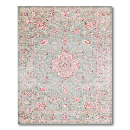 Floral Vintage Teal Pink Rose Floral Vintage Area Rug