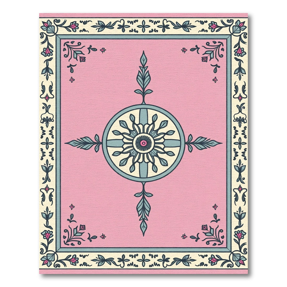 Pink Teal Floral Medallion Border Rug