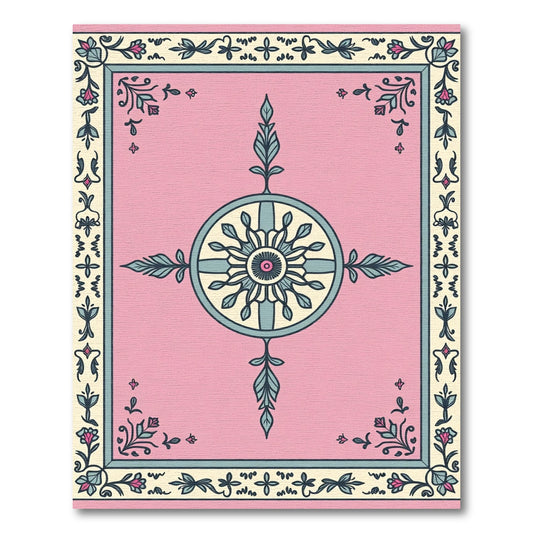 Pink Teal Floral Medallion Border Rug