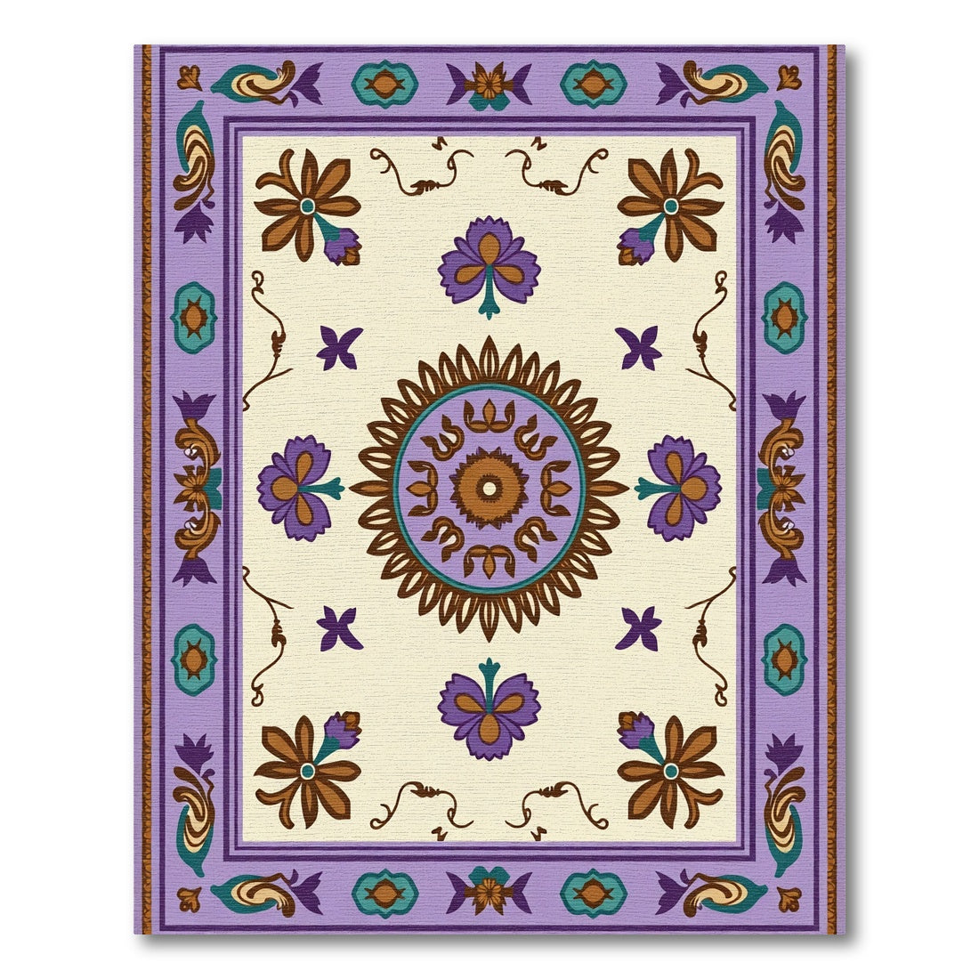 Ornate Purple Flower Medallion Border Rug