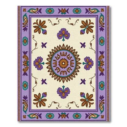 Ornate Purple Flower Medallion Border Rug