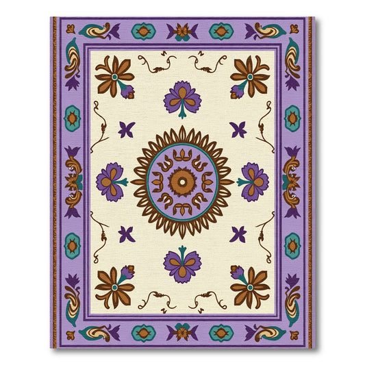 Ornate Purple Flower Medallion Border Rug