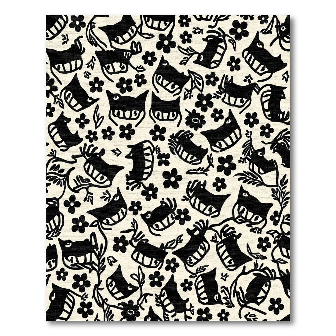 Black Woodland Creatures Floral Pattern Rug