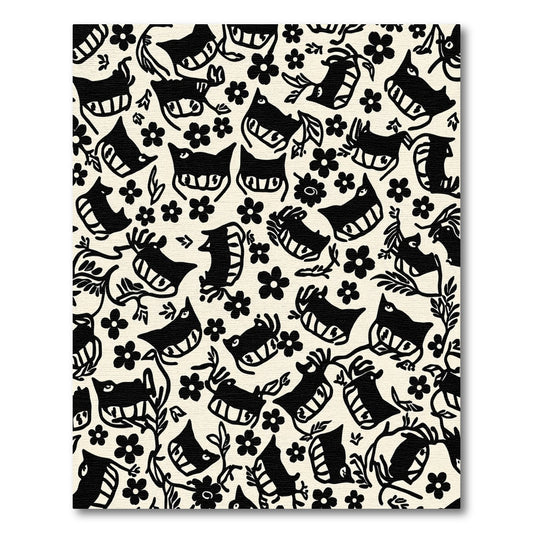 Black Woodland Creatures Floral Pattern Rug