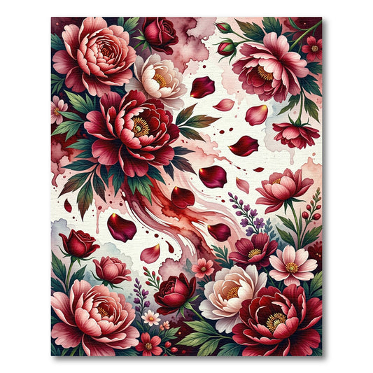 Crimson Peony Rose Floral Spray Rug