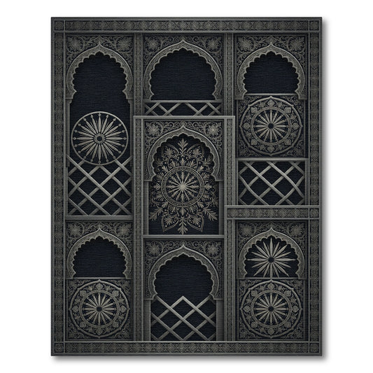 Ornate Silver Arched Medallion Composition Rug
