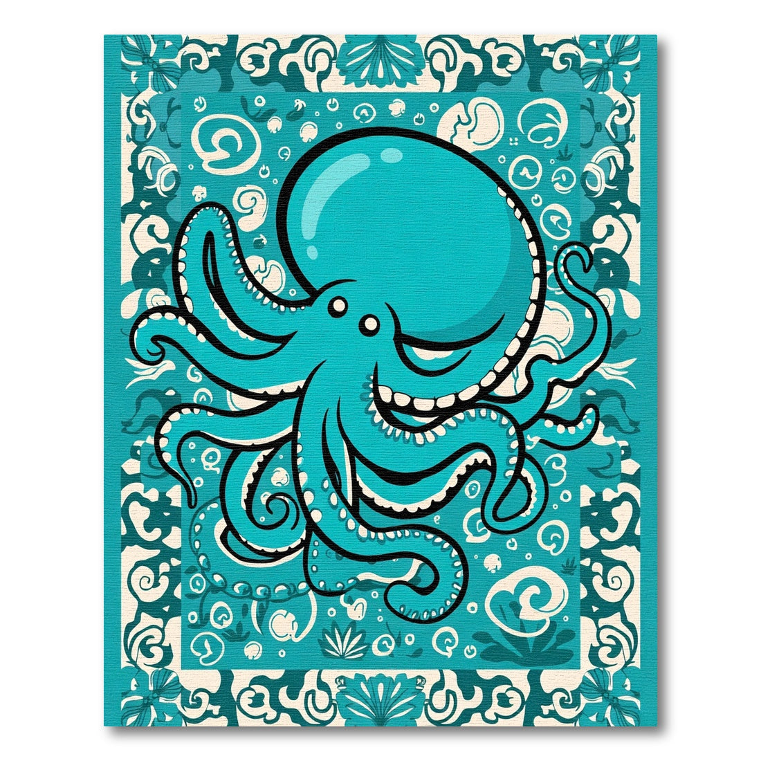 Oceanic Teal Octopus With Waves Rug