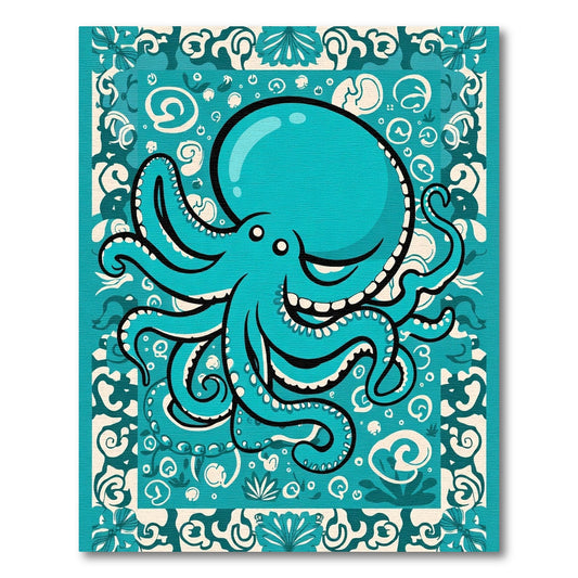 Oceanic Teal Octopus With Waves Rug