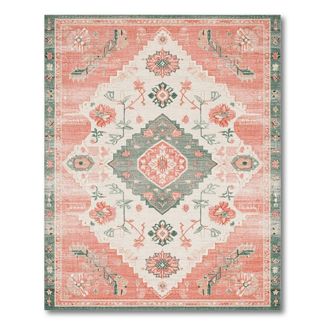 Coral Teal Floral Medallion Area Rug