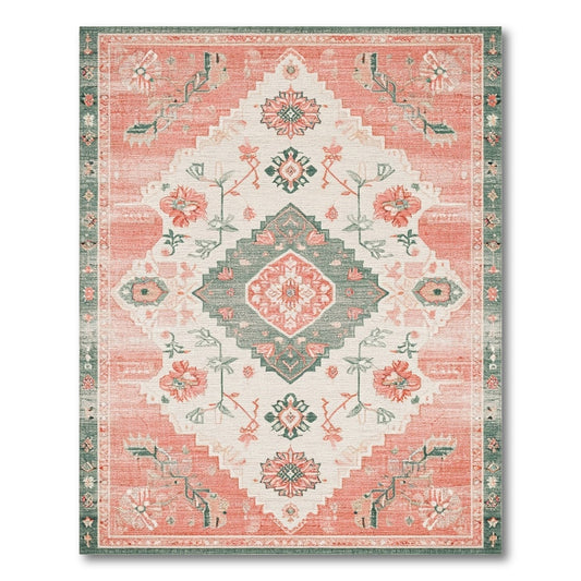 Coral Teal Floral Medallion Area Rug