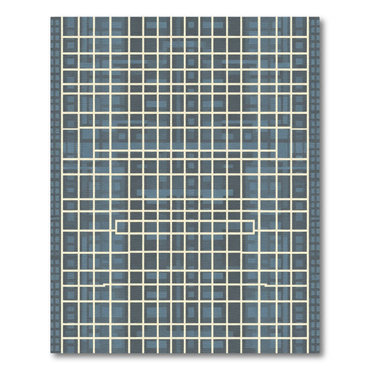 Blue Cream Grid Abstract Squares Rug