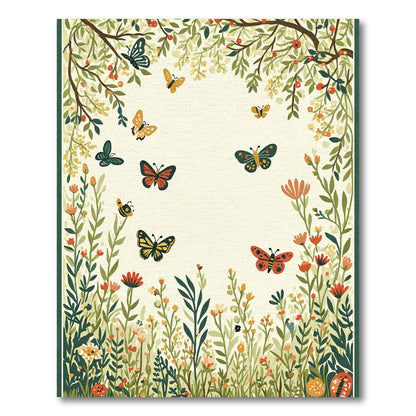 Whimsical Garden Butterflies Meadow Scene Rug