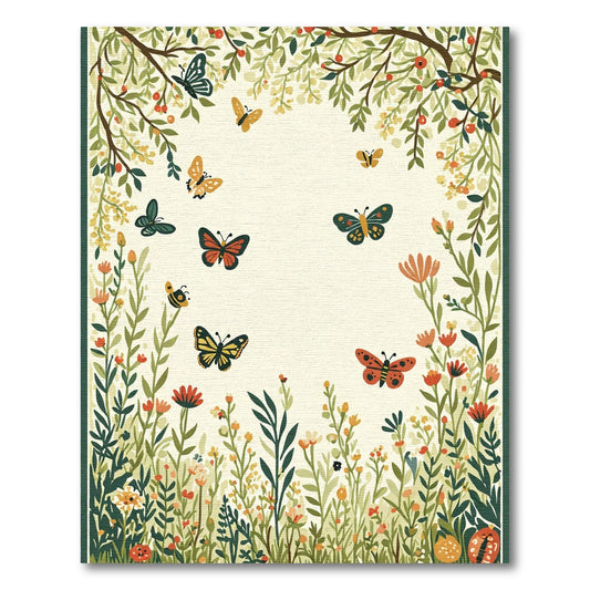 Whimsical Garden Butterflies Meadow Scene Rug