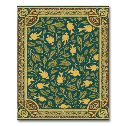 Teal Golden Bird Foliage Border Rug