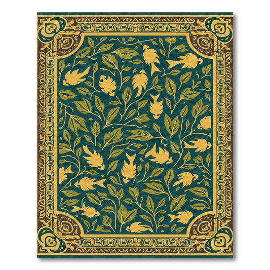 Teal Golden Bird Foliage Border Rug