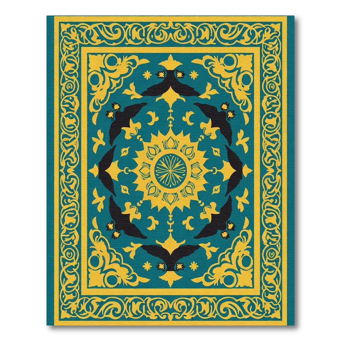 Teal Golden Bird Mandala Border Rug