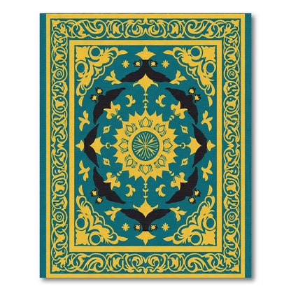 Teal Golden Bird Mandala Border Rug