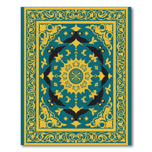 Teal Golden Bird Mandala Border Rug