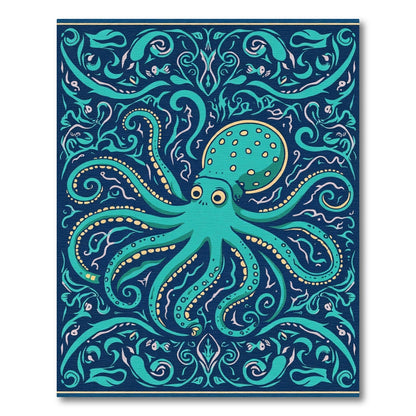 Teal Octopus Folk Art Rug