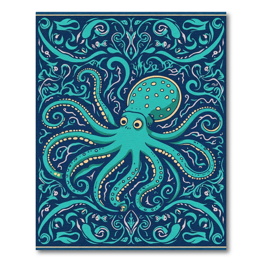 Teal Octopus Folk Art Rug
