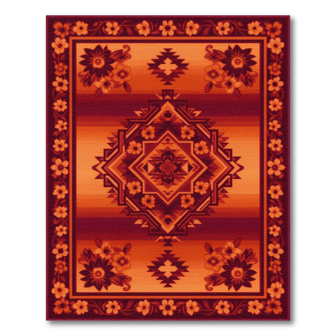 Southwestern Red Geometric Area Rug with Floral Border
