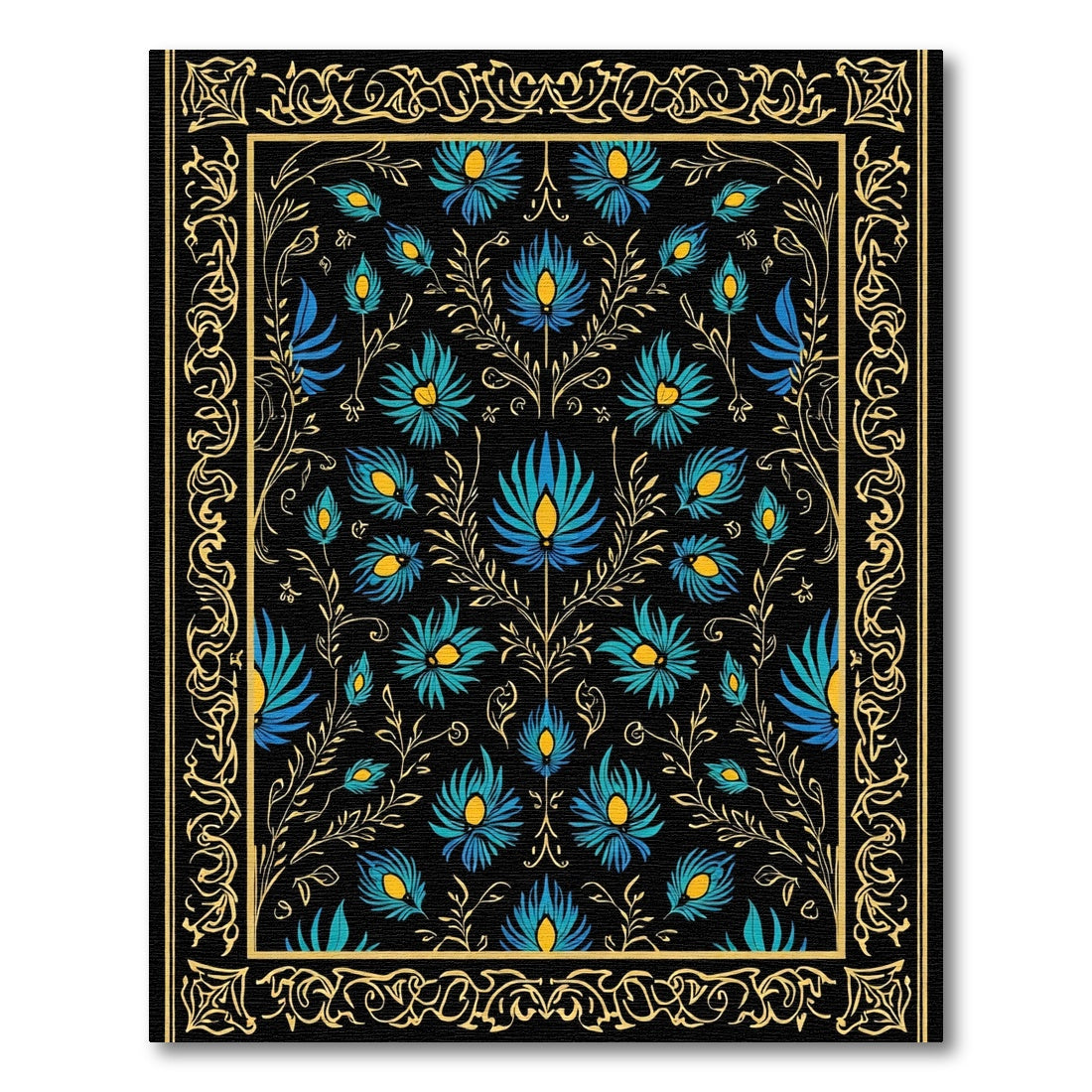 Black Golden Floral Peacock Feather Rug