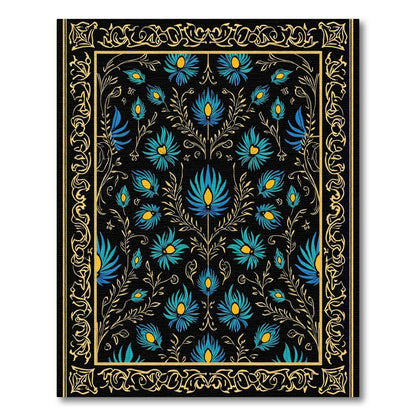 Black Golden Floral Peacock Feather Rug