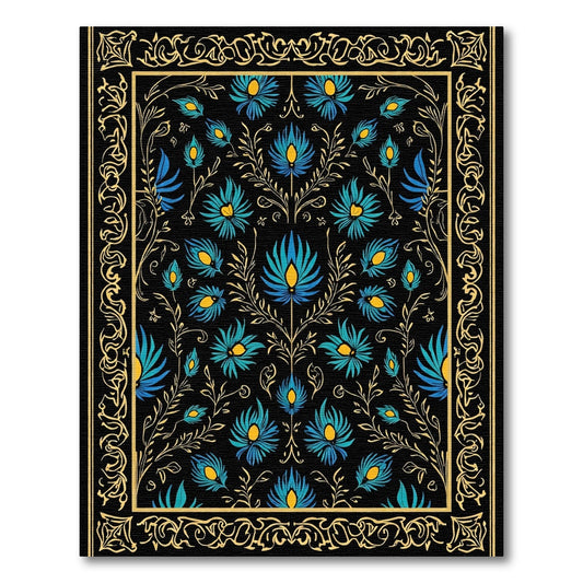 Black Golden Floral Peacock Feather Rug