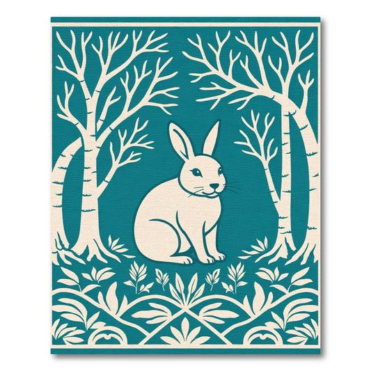Teal White Rabbit Forest Scene Rug