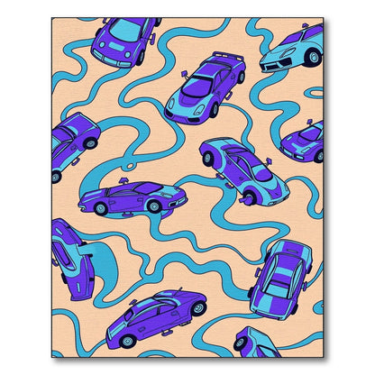 Retro Violet Blue Sports Cars Rug
