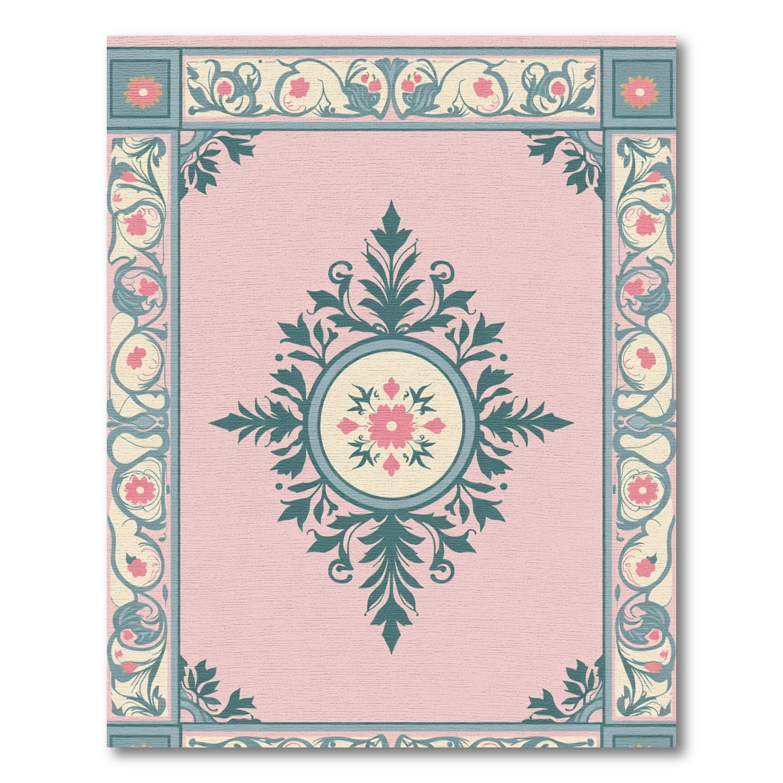 Pale Pink Floral Medallion Border Rug
