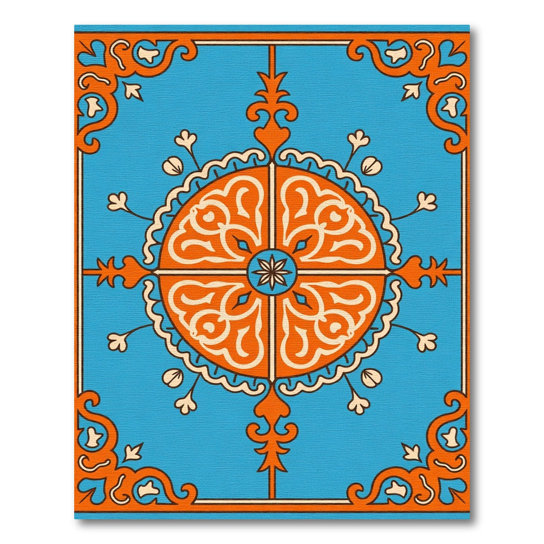 Vibrant Orange Medallion Blue Square Rug