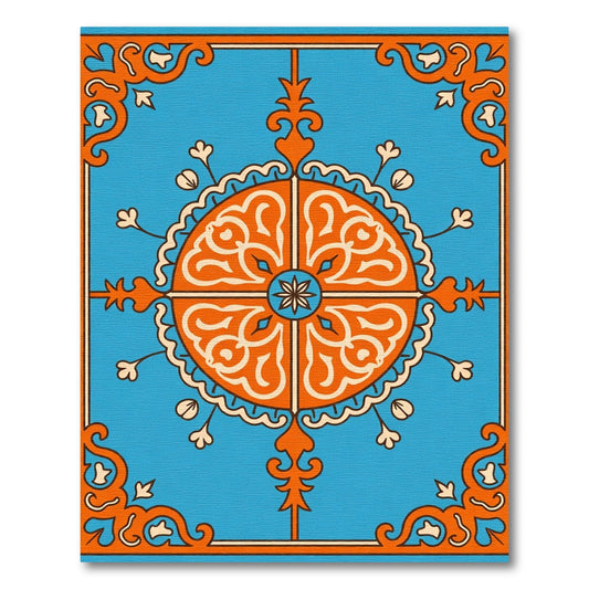 Vibrant Orange Medallion Blue Square Rug