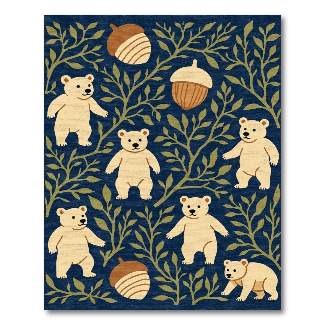 Cream Bears and Acorns Dark Blue Pattern Rug