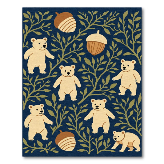 Cream Bears and Acorns Dark Blue Pattern Rug
