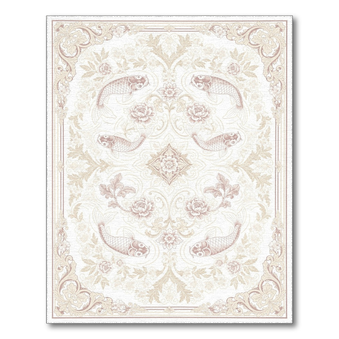 Beige Koi Fish Floral Vintage Area Rug