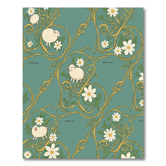 Whimsical Sheep Daisy Vine TealRug Rug