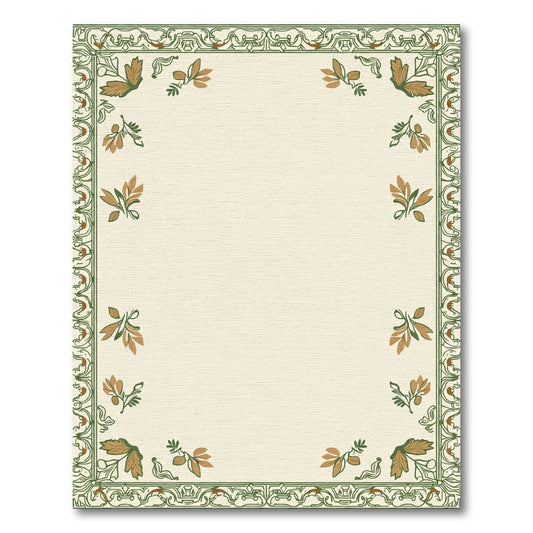 Ornate Green Border Golden Leaf Arrangement Rug