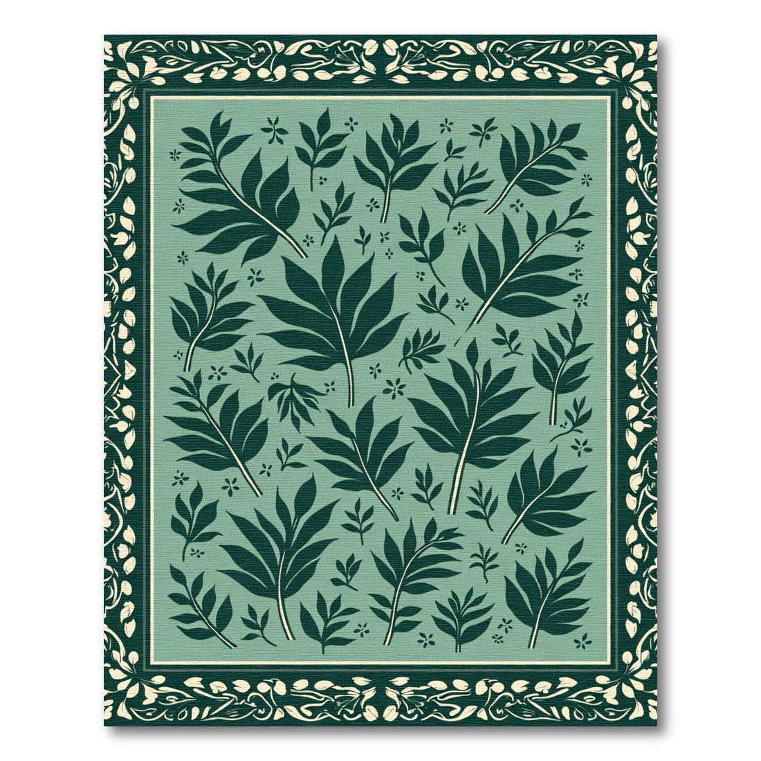 Dark Teal Leaf Botanical Frame Rug