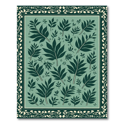 Dark Teal Leaf Botanical Frame Rug