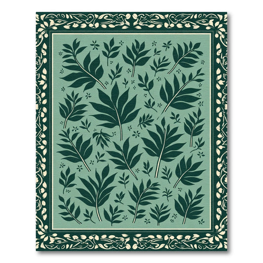 Dark Teal Leaf Botanical Frame Rug