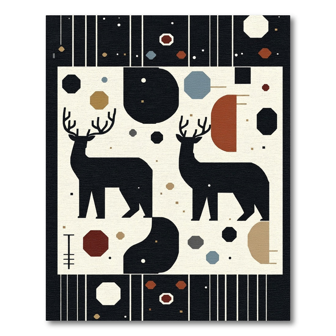 Black Deer Geometric Woodland Scene Rug