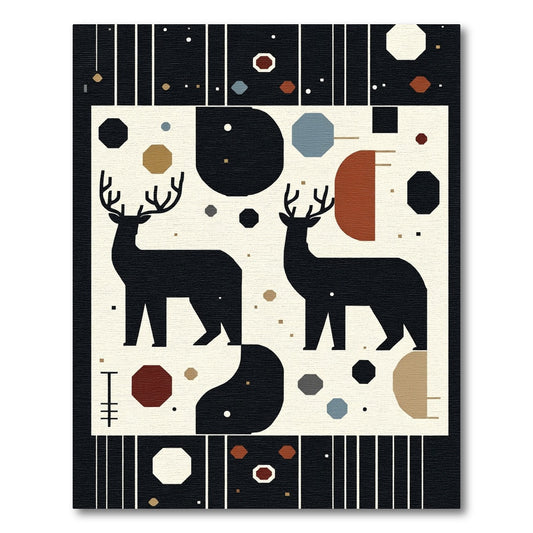 Black Deer Geometric Woodland Scene Rug