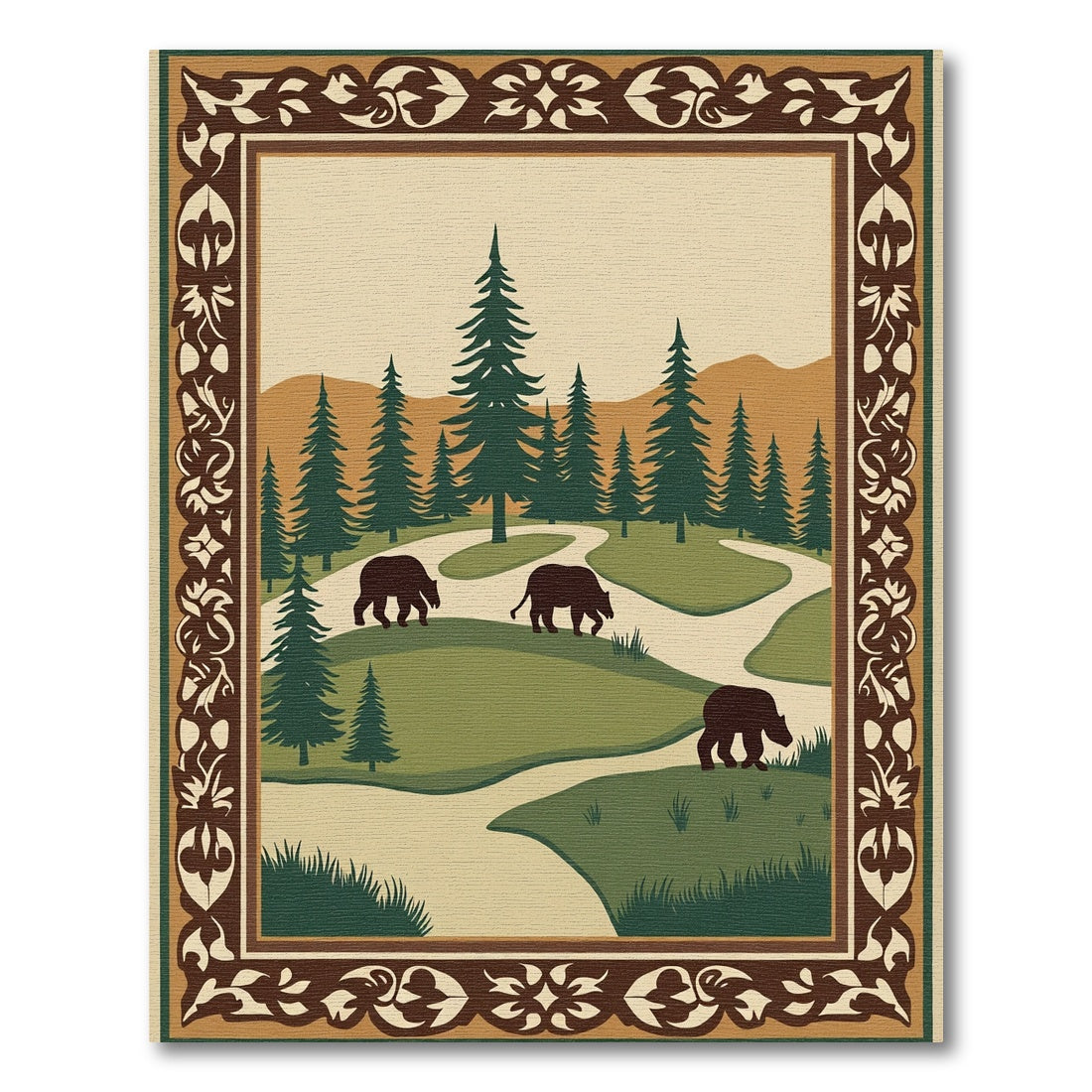 Woodland Bears Forest Scenic Border Rug