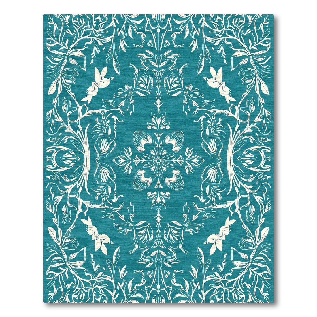 Teal White Floral Bird Garden Whimsical Rug