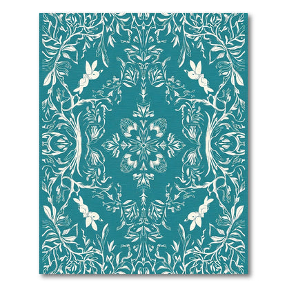 Teal White Floral Bird Garden Whimsical Rug