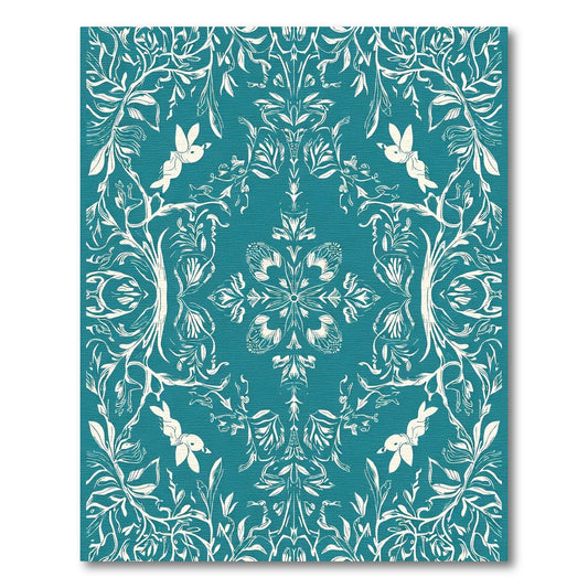 Teal White Floral Bird Garden Whimsical Rug