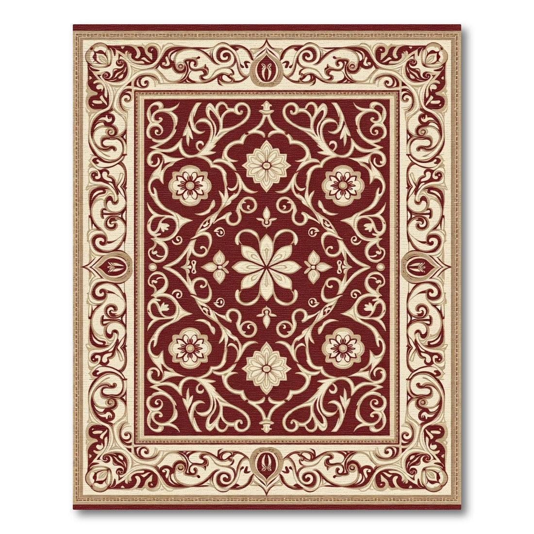 Deep Red Antique Scrollwork Blossom Rug